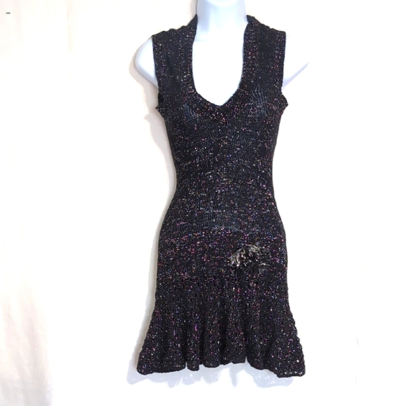 Black Silver Metallic Knit Dress with Pompom Front Vneck Size Medium - Picture 1 of 6